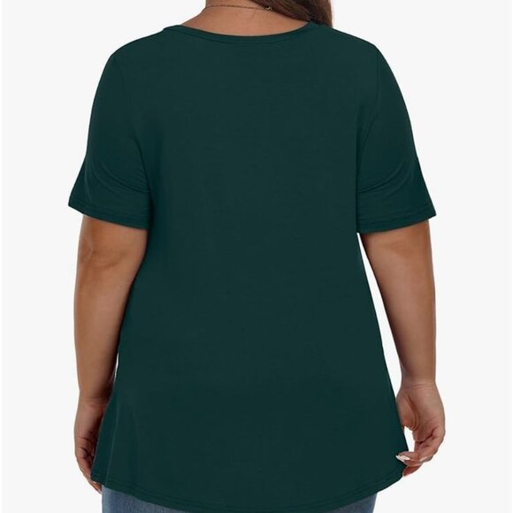 Tencede - Forest Green Stretchy V Neck Flowy Hem Short Sleeve Tee 2X - Picture 4 of 14